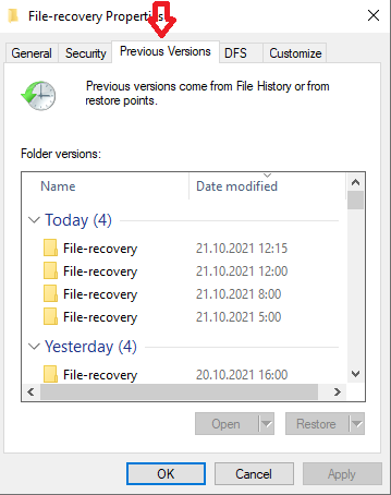 choose previous versions tab