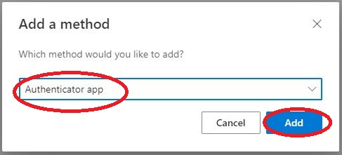 After clicking on "+Add sign-in method", a new window will appear asking you to select a method. Select the Authenticator app.