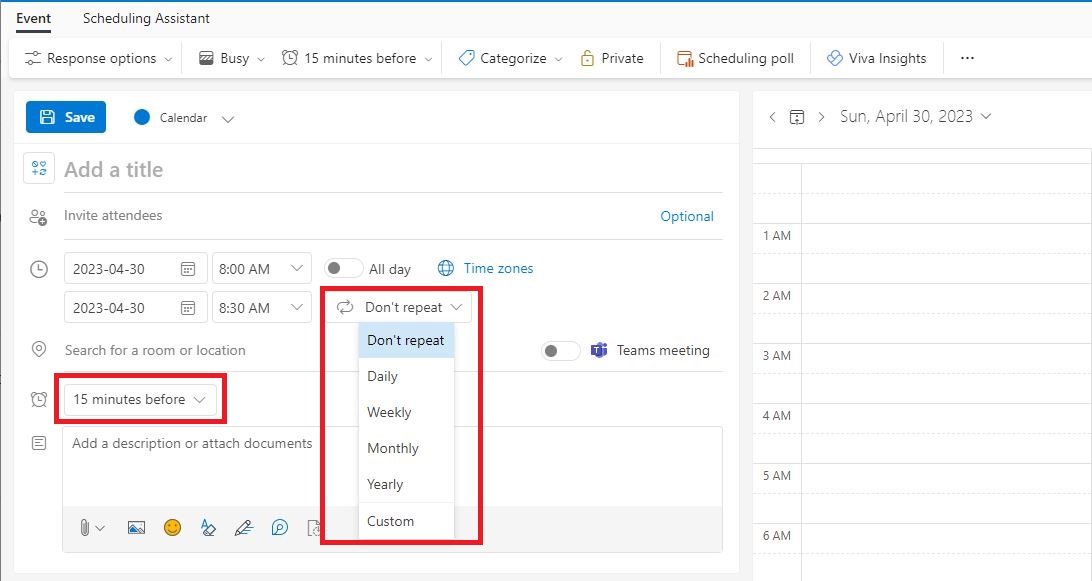The picture shows the encrypted version of the Outlook calendar. After selecting "New Event", you will find these settings after the date/time in the calendar. You can select from the drop-down menu the appropriate notification setting and how often the event will be repeated.