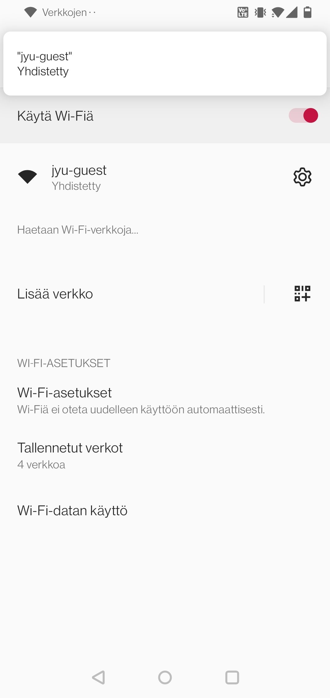 Asetuksissa näkyy kuinka olet onnistunneesti yhdistynyt verkkoon 
