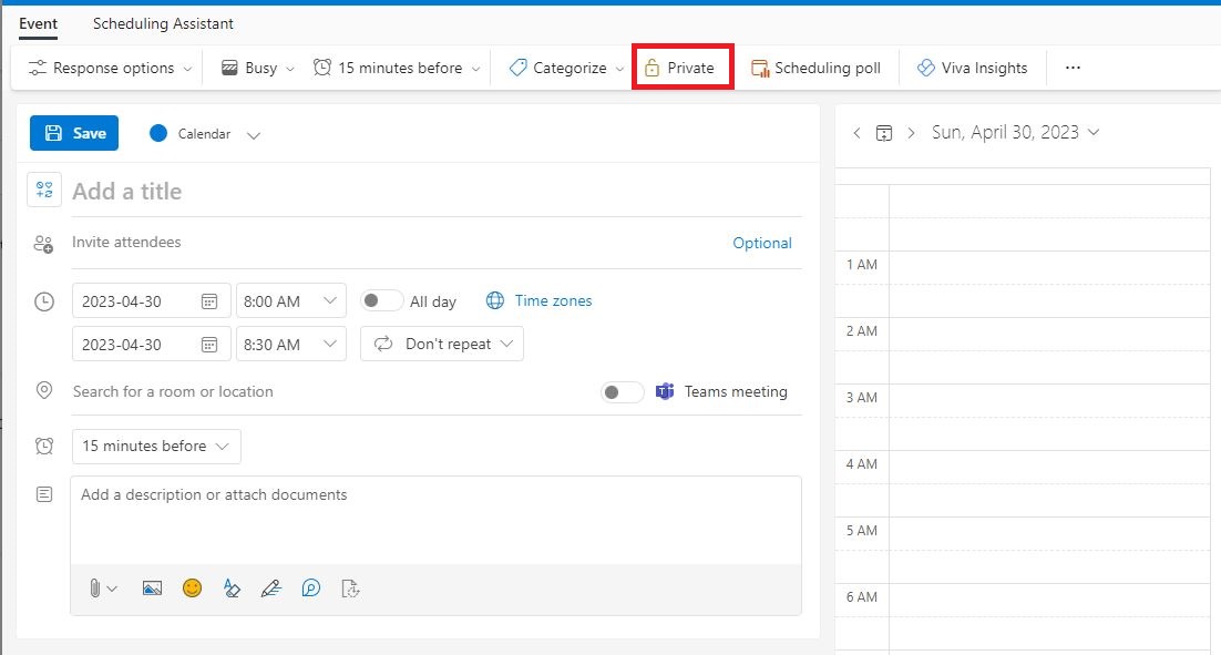 The picture shows the browser version of the Outlook calendar. After selecting "New Event", you will find the privacy setting at the top of the form in the toolbar.